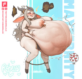 anthro areola belly big_belly big_breasts breasts female fetal_movement horn huge_belly hyper hyper_pregnancy nipples pink_areola pink_nipples pregnant pregnant_anthro pregnant_female solo text spellsx mayternity bovid caprine goat mammal 2025 hi_res