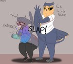 2024 angry anthro avian axo_(axoarts) axoarts beak bell bell_collar big_butt bird black_bottomwear black_clothing black_eyewear black_footwear black_glasses black_leggings black_legwear black_sclera black_shoes blue_clothing blue_hoodie blue_topwear blush bodily_fluids bottomwear butt butt_slap claws clothed clothing collar digital_media_(artwork) domestic_cat duo ear_piercing english_text eyewear feathered_tail feathers felid feline felis footwear fur glasses green_eyes grey_beak grey_body grey_bottomwear grey_claws grey_clothing grey_feathers grey_fur grey_hair grey_pants grey_tail grey_tail_feathers hair heart_after_text heart_symbol hi_res holding_nintendo_switch holding_object hoodie leggings leggings_down legwear male male/male mammal motion_lines multicolored_body multicolored_clothing multicolored_feathers multicolored_hoodie multicolored_topwear murex_(pastelitikiwi) nintendo nintendo_switch onomatopoeia orange_body orange_feathers orange_tail orange_tail_feathers owl pants piercing purple_clothing purple_collar purple_hoodie purple_topwear reddened_butt saliva shirt shoes slap sound_effects standing t-shirt tail tail_feathers text thick_thighs tongue tongue_out topwear two_tone_body two_tone_feathers two_tone_tail two_tone_tail_feathers white_claws white_clothing white_shirt white_t-shirt white_toe_claws white_topwear yellow_eyes