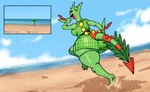 anthro barefoot big_butt bottomless breasts butt clothed clothing cloud day dress eyes_closed feet female frolicking generation_3_pokemon generation_6_pokemon happy leaf mega_evolution mega_sceptile nintendo open_mouth pokemon pokemon_(species) randidesu reptile running sand scales scalie sceptile sea seaside side_boob sky solo water