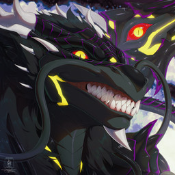 anthro black_body black_hair fangs glowing glowing_eyes hair horn latex_body male scales smile smiling_at_viewer solo teeth teeth_showing tentacles seregore mythology leo_(leoleu) dragon mythological_creature mythological_scalie scalie 1:1 absurd_res cel_shading hi_res icon shaded