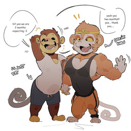 anthro balls_outline blush bottomwear bulge clothed clothing deception detailed_bulge dialogue duo genital_outline male male/male muscular muscular_anthro muscular_male penis_outline romantic romantic_couple shirt shorts slightly_chubby speech_bubble t-shirt tank_top text topwear track_pants akachionmain animal_crossing nintendo tiansheng_(animal_crossing) haplorhine mammal monkey primate 1:1 2024 english_text hi_res