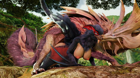 all_fours anthro anthro_on_feral bestiality bodily_fluids breasts duo female female_anthro feral forest from_behind_position fur jungle kissing larger_male licking looking_at_another looking_pleasured male male/female male_feral nipples nude nude_anthro nude_female plant raised_tail saliva saliva_on_tongue sex size_difference smaller_female tail tongue tongue_out tree void_dragon216 furromantic_(modeler) capcom monster_hunter flying_wyvern leviathan_(mh) mizutsune nargacuga scalie 16:9 hi_res widescreen