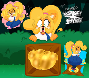 accessory anthro big_butt black_nose blonde_hair box breasts butt butt_slam clothing container crate crossed_legs curvy_figure detailed_background dialogue eating eating_food eyelashes female fingers food footwear fruit fur grass green_eyes grin hair hair_accessory hair_tie lipstick long_hair makeup motion_lines multicolored_body multicolored_fur open_mouth orange_body orange_fur outside overalls plant ponytail red_lipstick shirt shoes shrub smile solo speech_bubble starry_eyes t-shirt tan_body tan_fur text thick_thighs thought_bubble topwear two_tone_body two_tone_fur wumpa_fruit 3barts activision crash_bandicoot_(series) coco_bandicoot bandicoot mammal marsupial 2026 absurd_res comic digital_drawing_(artwork) digital_media_(artwork) english_text hi_res