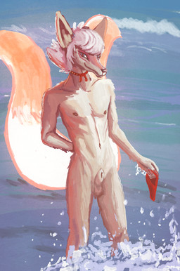 2_tails accessory animal_genitalia anthro balls casual_nudity clothing femboy fully_sheathed fur genitals hand_behind_back holding_clothing holding_object looking_at_viewer male multi_tail navel necktie nipples nude sea sheath solo swimwear tail water water_splashes wave aquaticas dislyte lilith_games ryota_(dislyte) canid canine fox mammal 2025 digital_media_(artwork)