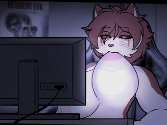 anthro bedroom big_breasts breast_play breast_suck breasts brown_body brown_fur chair computer electronics female fur furniture office_chair poster purring self_suckle simple_background solo sucking white_body white_fur jkiubix capcom resident_evil resident_evil_requiem titty_sucking_method grace_ashcroft leon_kennedy misty_lyncat_(jkiubix) domestic_cat felid feline felis mammal ragdoll_cat animated meme