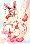 anthro big_breasts blue_eyes breasts clothed clothing female fur gloves hair handwear kigurumi onesie pink_body pink_fur pink_hair simple_background solo tail thwillartz nintendo pokemon vince_(thwillartz) eeveelution generation_6_pokemon mammal pokemon_(species) sylveon hi_res