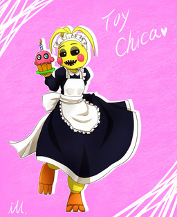 ambiguous_gender anthro beakless blue_eyes candle clothing cupcake duo food hand_behind_back head_tuft holding_food holding_object looking_aside machine maid_headdress maid_uniform on_one_leg open_mouth open_smile pink_cheeks sharp_teeth smile standing teeth text tuft uniform white_eyes yellow_body ill825_(artist) five_nights_at_freddy's five_nights_at_freddy's_2 scottgames cupcake_(fnaf) toy_chica_(fnaf) animatronic avian bird chicken food_creature galliform phasianid robot 2015 english_text signature