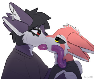 anthro black_sclera cross duo extreme_french_kiss eye_contact french_kissing fur grabbing_shoulders kissing looking_at_another male male/male orange_body orange_fur purple_body purple_fur red_eyes yellow_eyes noori_(artist) avali hi_res