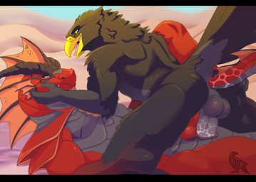 anal anthro anus balls beak black_bars bodily_fluids butt cum erection feathers fur genital_fluids genitals horn male nude open_mouth penetration penis sex smile tongue wings omez mythology avian bird dragon mythological_creature mythological_scalie scalie letterbox