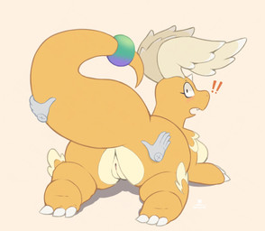 ambiguous_gender anthro big_tail blush blush_lines breasts butt claws disembodied_hand duo embarrassed exclamation_point eyelashes fangs feathered_wings feathers female genitals horn huge_tail looking_at_viewer lying non-mammal_breasts on_front open_mouth orange_body simple_background tail tan_body tan_feathers teeth unusual_wing_placement vulva wings razgrizdl mythology nintendo pokemon dragon generation_9_pokemon human mammal mega_dragonite mega_evolution mythological_creature mythological_scalie pokemon_(species) scalie 2025 hi_res