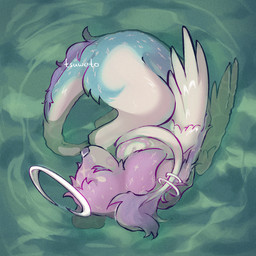 ambiguous_gender dorsal_fluff eyes_closed feral fur halo laying_in_water lying on_side resting solo tail tail_halo tail_tuft toony tuft viewed_from_above water white_body white_fur wings tsuweto canid canine mammal 1:1 2026 clip_studio_paint_(artwork) digital_drawing_(artwork) digital_media_(artwork) hi_res shaded