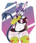 anthro areola armwear blue_eyes breasts clothed clothing female genitals hair heart_symbol legwear navel nipples one_eye_closed pubes purple_hair pussy short_hair skimpy solo thick_thighs thigh_highs tongue tongue_out wide_hips wink geeflakes bandai_namco digimon level-5 yo-kai_watch insomni digimon_(species) felid gatomon mammal 2017 hi_res