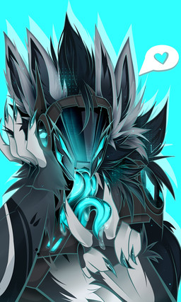 4_ears anthro biped black_body black_claws black_fur blue_eyes blue_tongue bodily_fluids claws dripping fur heart_symbol long_tongue looking_at_viewer machine male multi_ear saliva saliva_drip saliva_on_tongue solo tongue zephyrrcue protogen 3:5 absurd_res hi_res
