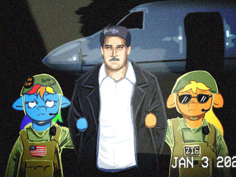 aircraft airplane ambiguous_gender american_flag anthro arrested black_background black_clothing black_hair black_suit blonde_hair blue_body blue_fur brown_eyes clothed clothed_ambiguous clothed_human clothed_male clothing eyewear facial_hair fully_clothed fully_clothed_ambiguous fully_clothed_human fully_clothed_male fur group hair january_(month) male military military_helmet military_uniform multicolored_hair mustache orange_body orange_fur politics rainbow_hair shirt shitpost simple_background suit sunglasses text topwear trio uniform united_states_of_america vehicle venezuela war what white_clothing white_shirt white_topwear timidangel capture_of_nicolas_maduro friendship_is_magic hasbro my_little_pony applejack_(mlp) nicolas_maduro rainbow_dash_(mlp) equid equine horse human mammal pony 2026 digital_drawing_(artwork) digital_media_(artwork) english_text hi_res meme