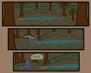 4_arms 4_eyes forest forest_background long_tail multi_arm multi_eye multi_limb open_mouth plant pond sitting solo swimming tail tree whiskers yawn muddymaggot mauvit'fur du'wehyi comic hi_res nonbinary_(lore)