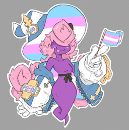 androgyne_symbol clothing cosplay crossover_cosplay female flag flag_(object) gender_symbol ghost_tail gloves grey_background hair handwear hat headgear headwear jacket legless lgbt_pride long_hair not_furry pink_hair pride_colors purple_body purple_skin simple_background smile solo symbol text tongue tongue_out topwear transgender_pride_colors white_clothing white_gloves white_handwear witch_hat inkwitch arc_system_works guilty_gear guilty_gear_strive mario_bros nintendo paper_mario paper_mario:_the_thousand_year_door bridget_(guilty_gear) vivian_(mario) humanoid shadow_siren 2026 crossover digital_drawing_(artwork) digital_media_(artwork) english_text hi_res trans_(lore) trans_woman_(lore)