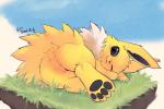 black_nose butt day female feral fur grass happy looking_at_viewer lying one_eye_closed outside pawpads plant presenting presenting_hindquarters purple_eyes rear_view sky smile solo white_body white_fur wink yellow_body yellow_fur rag._(artist) nintendo pokemon eeveelution generation_1_pokemon jolteon pokemon_(species)