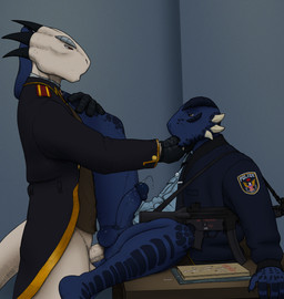 anal anal_penetration anthro balls barefoot big_penis blue_balls blue_glans blue_penis bodily_fluids bottomless bottomless_anthro bottomless_male circumcised clothed clothing cum darkened_balls darkened_genitalia darkened_glans dripping duo erection feet finger_fetish finger_in_mouth finger_play fingers genital_fluids genitals glans glistening glistening_genitalia glistening_glans glistening_penis gloves handwear humanoid_genitalia humanoid_penis jacket male male/male male_penetrated male_penetrating male_penetrating_male mp5 open_mouth penetration penis police precum precum_drip saliva sex text text_on_clothing text_on_jacket text_on_topwear topwear weapon weapon_on_shoulder tall_lizzard heckler_and_koch microsoft the_elder_scrolls sylos_(character) tristen argonian reptile scalie digital_media_(artwork) english_text hi_res