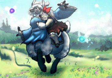 2_horns accessory ambiguous_gender anthro black_eyes blush blush_stickers breasts clothed clothing fangs female flower fur furgonomics grey_body grey_skin group hair_accessory hair_ribbon hooves horn jewelry medium_breasts necklace open_mouth plains plant ribbons riding riding_taur running sky smile teeth white_body white_fur wide_sleeves wool_(fur) itzjaylock alpaca alpaca_taur bovid camelid camelid_taur caprine fairy mammal mammal_taur sheep taur hi_res