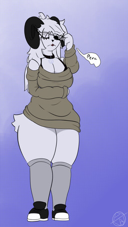 clothing collar female hair horn looking_at_viewer messy_hair simple_background solo speech_bubble sweater topwear white_body vvitchpunk bovid caprine goat mammal 9:16 hi_res