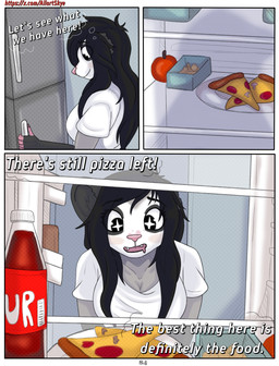 anthro black_body black_fur black_hair clothing female food fur grey_body grey_fur hair male pink_body pink_nose pizza simple_background text white_body white_fur allartskye kia_(allartskye) skye_(allartskye) american_opossum canid canine canis mammal marsupial wolf comic english_text hi_res