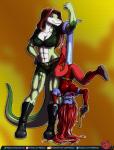 anthro bodysuit bottomwear breasts cleavage clothed clothing duo female hair muscular non-mammal_breasts prehensile_tail red_hair shorts skinsuit superhero tail text tight_clothing tongue upside_down predaguy d._starr vik_(predaguy) alien lizard reptile scalie digital_media_(artwork) hi_res url