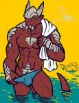 abs ambiguous_gender anthro being_watched bulge clothed clothing duo genitals green_eyes looking_at_another male male/ambiguous muscular muscular_anthro muscular_male partially_clothed penis scales simple_background smile solo_focus topless towel underwear undressing water beralin bgn beralin_(character) reptile scalie unknown_species archived_source hi_res