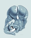 ass_up back_muscles big_butt blue_body butt eyelashes femboy glistening glistening_body grey_background head_down_ass_up head_tentacle horn huge_butt looking_at_viewer male simple_background sketchy smile solo text wide_hips sqoon skoon_(character) alien puwa 2023 5:6 digital_media_(artwork) hi_res