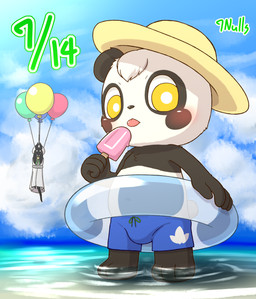 anthro attached_to_balloon balloon balloon_support beach black_markings blep blush clothed clothing cloud day duo food fur hanging_from_balloon hat headgear headwear holding_object ice icicle inflatable inflatable_support kemono leaf_print looking_at_viewer male markings multicolored_body multicolored_fur outside partially_submerged pool_float popsicle seaside sky solo_focus standing_in_water sun_hat swimming_trunks swimwear tail tail_under_skirt tongue tongue_out topless two_tone_body two_tone_fur white_body white_fur yellow_eyes young young_anthro 7nulls bear giant_panda mammal 2020 absurd_res full-length_portrait hi_res portrait signature