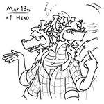 2_heads anthro clothing gesture hand_gesture horn male multi_arm multi_ear multi_head multi_limb pointing shirt solo text topwear scarv mythology dragon mythological_creature mythological_scalie scalie 1:1 aliasing black_and_white digital_drawing_(artwork) digital_media_(artwork) monochrome