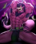 abs anthro armpit_hair barazoku bedroom_eyes big_bulge big_muscles big_tail bodily_fluids body_hair bone bulge chest_hair clothed clothing detailed_bulge erection erection_under_clothing genital_outline glowing glowing_eyes hair happy_trail huge_bulge huge_muscles long_tail looking_at_viewer male manly mask money money_in_underwear muscular muscular_anthro muscular_arms muscular_legs muscular_male muscular_thighs narrowed_eyes navel open_mouth penis_outline pole prostitution pubes purple_body purple_hair seductive sex_work sex_worker skull skull_head skull_mask solo sweat sweaty_body tail tail_tuft thick_tail thick_thighs tongue tongue_out tuft renishi_(artist) sprix_(sprixlnine) demon skulldog_(species)