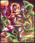 2017 ambiguous_gender anthro areola blue_eyes border breasts chaos_(sonic) clothed clothing dreadlocks duo echidna eyelashes female holding_object holding_weapon mammal monotreme nipples open_mouth planet retro sallyhot sega sonic_adventure sonic_the_hedgehog_(series) space star teamacorn tentacles tikal_the_echidna torn_clothing translucent translucent_tentacles weapon