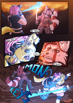 anthro armor black_body black_fur bottomwear cargo_pants clothing ear_piercing fight fighting_pose fur green_eyes hair humor jacket jedi joke light light_beam lightsaber melee_weapon multiple_piercings pants piercing pink_body pink_fur pink_hair pose purple_eyes red_body red_eyes red_fur red_hair sith straps sunbeam sunlight sunset swordfight topwear weapon yellow_body yellow_fur star_wars franken_mutt_kenna kohai_s_rosethorne ailurid bird_dog canid canine canis domestic_cat domestic_dog felid feline felis golden_retriever hunting_dog mammal red_panda retriever absurd_res comic cover cover_art cover_page hi_res meme