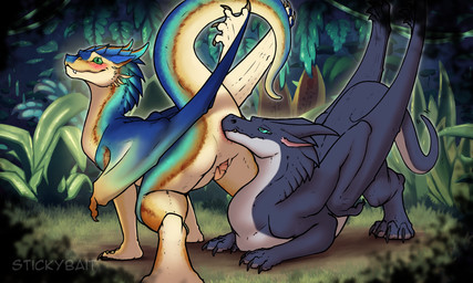 ambiguous_gender ambiguous_rimming_male anal animal_genitalia anus black_body black_claws black_horn black_scales blue_body blue_scales butt_sniffing claws duo female feral genital_slit genitals grass green_eyes horn male male/ambiguous male_rimmed oral pink_anus plant rimming scales sex sniffing white_body white_scales stickybait mythology dragon mythological_creature mythological_scalie scalie hi_res female_(lore)