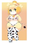 3_fingers 3_toes accessory animal_print animal_print_bikini animal_print_thigh_highs anthro areola barefoot bell bell_collar big_breasts bikini blonde_hair blush breasts cleavage clothed clothing collar cow_print cow_print_bikini cow_print_thigh_highs cowbell feet female fingers footwear fur hair hair_accessory hair_bell legwear midriff navel pattern_bikini pattern_clothing pattern_legwear pattern_swimwear pattern_thigh_highs simple_background smile solo standing swimwear thick_thighs thigh_highs toe_outline toes topwear two-piece_swimsuit yellow_body yellow_fur onigiri_punch animal_crossing nintendo isabelle_(animal_crossing) canid canine canis domestic_dog mammal absurd_res digital_media_(artwork) hi_res