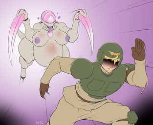 anthro areola armor astra_militarum belly big_belly big_breasts blonde_hair breasts claws cowgirl_position duo exoskeleton female from_front_position hair hooves huge_belly huge_breasts larger_huamn larger_male male nipples on_bottom on_top pregnant pregnant_anthro pregnant_female running sex shortstack size_difference smaller_anthro smaller_female thick_thighs wide_hips nightfaux warhammer_(franchise) warhammer_40000 alien hormagaunt human mammal tyranid