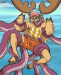 anthro antlers biped bottomwear bulge clothed clothing cloud cloven_hooves day detailed_bulge fingers fur hat headgear headwear hooved_fingers hooves horn male male_anthro muscular muscular_anthro muscular_male oral oral_penetration outside penetration pubes restrained restrained_by_tentacles shirt shorts sky solo tank_top tentacle_in_mouth tentacle_penetration tentacles topwear tuft water artejaxton one_piece tony_tony_chopper tony_tony_chopper_(horn_point_form) deer mammal new_world_deer reindeer 2024 digital_media_(artwork) hi_res signature