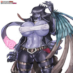 5_fingers abs amber_eyes anthro areola areola_slip armwear bandeau beak belt belt_buckle big_breasts biped black_armwear black_body black_bottomwear black_clothing black_eyebrows black_feathers black_gloves black_hair black_handwear black_pants blue_body blue_feathers bottomwear breast_squish breasts buckle camel_toe claws cleavage cleavage_overflow clothed clothing collar curvy_figure eyebrows feathers female fingerless_gloves fingers gloves grey_body grey_feathers hair handwear huge_breasts ineffective_clothing jacket jewelry leather leather_bottomwear leather_clothing leather_jacket leather_pants leather_topwear looking_at_viewer multicolored_body multicolored_feathers navel necklace nipple_outline nipple_slip nipples non-mammal_breasts non-mammal_nipples open_clothing open_jacket open_topwear pants patreon_logo pink_body pink_feathers purple_areola shirt simple_background skimpy solo squish standing subscribestar_logo text thick_thighs tight_bottomwear tight_clothing tight_pants tight_shirt tight_topwear topwear translucent translucent_clothing translucent_topwear tube_top under_boob white_background wide_hips winged_arms wings girlsay konami patreon subscribestar yu-gi-oh! fur_hire sagitta_maverick_fur_hire avian bird duel_monster 1:1 2022 hi_res portrait three-quarter_portrait url