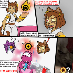 anthro arm_grab athletic bad_end bait_and_switch bed bodily_fluids brown_body button_prompt chain circle_button clothed clothing dialogue female first_person_view fur furniture gameplay_mechanics greece greek greek_clothing greek_toga humor machine male muscular nervous nervous_sweat purple_body shocked simple_background skimpy slim smile sweat sweatdrop text toga ducatislo_(artist) circle_prompt_(god_of_war) european_mythology gameoverse glitch_productions god_of_war greek_mythology mythology playstation sony_corporation sony_interactive_entertainment gobbles_(gameoverse) kit_bodega kratos malice_(gameoverse) dinosaur domestic_cat felid feline felis human humanoid mammal prehistoric_species reptile robot robot_humanoid scalie comic crossover hi_res meme