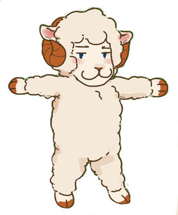 anthro blue_eyes ears_down feet fur horn looking_at_viewer male pivoted_ears smile smiling_at_viewer solo standing t-pose wool_(fur) reynard_goodfellow reynard_the_baa bovid caprine mammal sheep meme