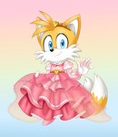 5_fingers anthro clothed clothing crossdressing crown dress femboy fingers footwear gradient_background headgear looking_at_viewer male pink_clothing pink_dress pink_footwear pink_shoes shoes simple_background smile smiling_at_viewer solo tiara jens_drawings_(artist) sega sonic_the_hedgehog_(series) miles_prower canid canine fox mammal hi_res