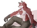 abs anthro body_hair chest_hair chest_tuft clothed clothing fur male nipples partially_clothed red_body red_fur sitting solo teacher topless topless_anthro topless_male tuft kanato17580 knights_college diederich_olsen canid canine mammal hi_res