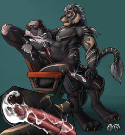 anal anal_orgasm anal_penetration animal_genitalia animal_penis anthro anthro_on_anthro anthro_penetrated anthro_penetrating anthro_penetrating_anthro armpit_hair bared_teeth belly big_belly black_body black_fur black_nipples black_pawpads bodily_fluids body_hair brown_pawpads chair chest_hair cum cum_in_ass cum_inflation cum_inside cum_on_own_penis cum_on_penis cum_on_self cum_splatter cumshot cutaway duo ejaculation equine_genitalia equine_penis eyes_closed fur furniture genital_fluids genitals grey_hair hair hand_behind_head hands-free humanoid_genitalia humanoid_penis hybrid_genitalia hybrid_penis inflation internal male male/male male_anthro male_penetrated male_penetrating male_penetrating_male muscular muscular_anthro muscular_male nipples nude office_chair on_chair open_mouth orgasm pawpads penetration penile penile_penetration penile_spines penis penis_in_ass red_penis sex simple_background sitting sitting_on_chair tail tail_tuft teal_background teeth translucent translucent_body tuft white_hair hufnaar felid lion mammal pantherine 2023 dated hi_res
