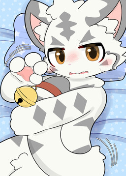 4_fingers anthro blush bodily_fluids cheek_tuft crotch_tuft facial_tuft fingers fur grey_markings head_tuft holding_own_tail holding_tail inner_ear_fluff kemono looking_at_viewer lying male markings nervous nervous_sweat nude on_back orange_eyes pawpads pillow pink_inner_ear pink_nose pink_pawpads solo sweat tail tuft white_body white_fur young mujimuji1010 felid mammal pantherine tiger absurd_res cel_shading colored digital_drawing_(artwork) digital_media_(artwork) hi_res shaded