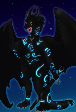 anthro black_body fangs male markings melee_weapon scar solo sword teeth weapon yellow_eyes gladeness mythology dragon mythological_creature mythological_scalie scalie absurd_res hi_res