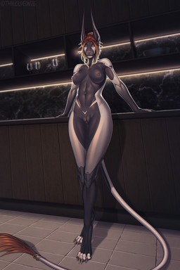 anthro areola biped breasts claws feet female fingers front_view genitals hair inside looking_at_viewer nipples nude nude_anthro nude_female solo standing tail teeth toes vulva thalislixeon acrador canid canine canis jackal mammal 2026 2:3 digital_drawing_(artwork) digital_media_(artwork) hi_res