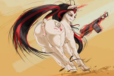 alternate_universe animal_genitalia animal_vulva anus black_hair butt cutie_mark equine_anus equine_genitalia equine_vulva female feral fur genitals gun hair hooves horn magic magic_user multicolored_hair quadruped ranged_weapon red_eyes red_hair solo two_tone_hair vulva weapon white_body white_fur knightcaptainalexandr fallout fallout_equestria foe:_project_horizons friendship_is_magic hasbro microsoft my_little_pony mythology blackjack_(fallout_equestria) fan_character equid equine horse mammal mythological_creature mythological_equine pony unicorn crossover hi_res