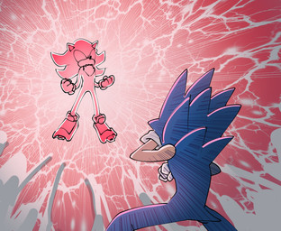 anthro blue_body blue_fur clothing duo electricity explosion footwear fur gloves handwear lightning male multicolored_body quills_(anatomy) shoes tan_arms transformation quavernsfw sega sonic_the_hedgehog_(series) shadow_the_hedgehog sonic_the_hedgehog eulipotyphlan hedgehog mammal hi_res