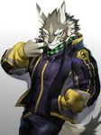 anthro clothed clothing countershading fur green_eyes male piercing solo tokuni lifewonders tokyo_afterschool_summoners seth_(tas) canid canine canis jackal mammal 3:4 absurd_res hi_res