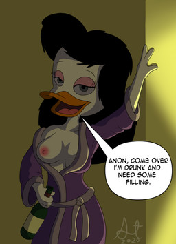 alcohol anthro bathrobe beak beverage breasts clothed clothing drunk exposed_breasts female looking_at_viewer nipples non-mammal_breasts non-mammal_nipples open_clothing open_robe robe solo substance_intoxication text wine wine_bottle daffytitanic darkwing_duck disney ducktales bianca_beakley anatid anseriform avian bird duck 2020 absurd_res english_text hi_res